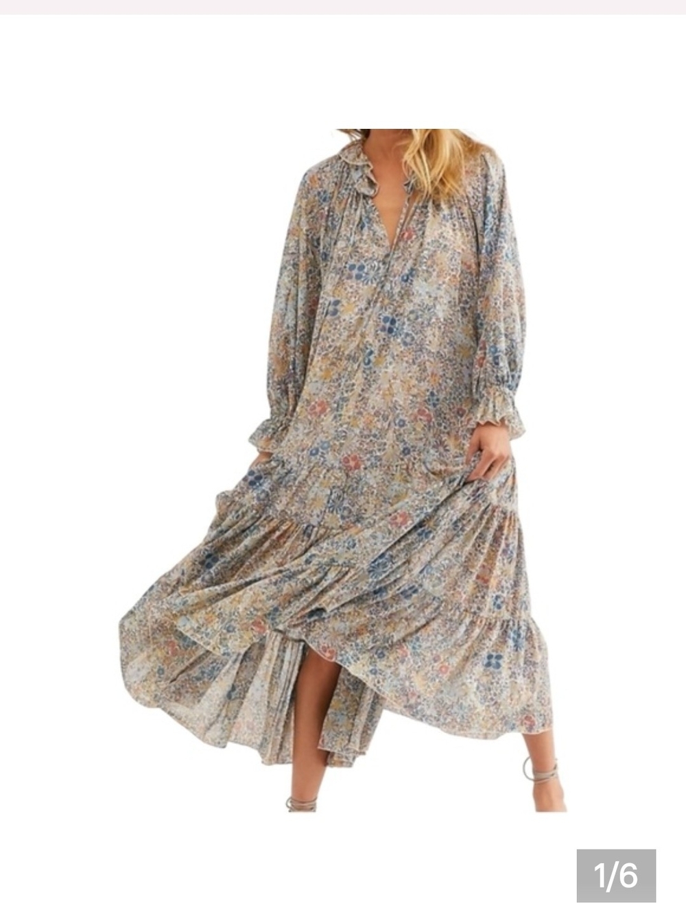 Free People Floral Tiered Maxi Dress in Blue and Cream